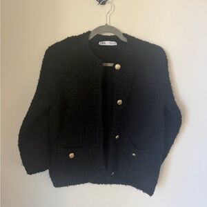 Zara Black Bouclé Cardigan with Gold Buttons